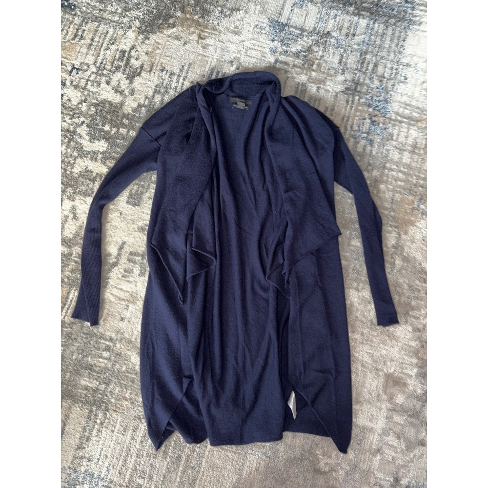 Tahari Navy Blue 100% Extrafine Merino Wool Waterfall Open Front Cardigan M